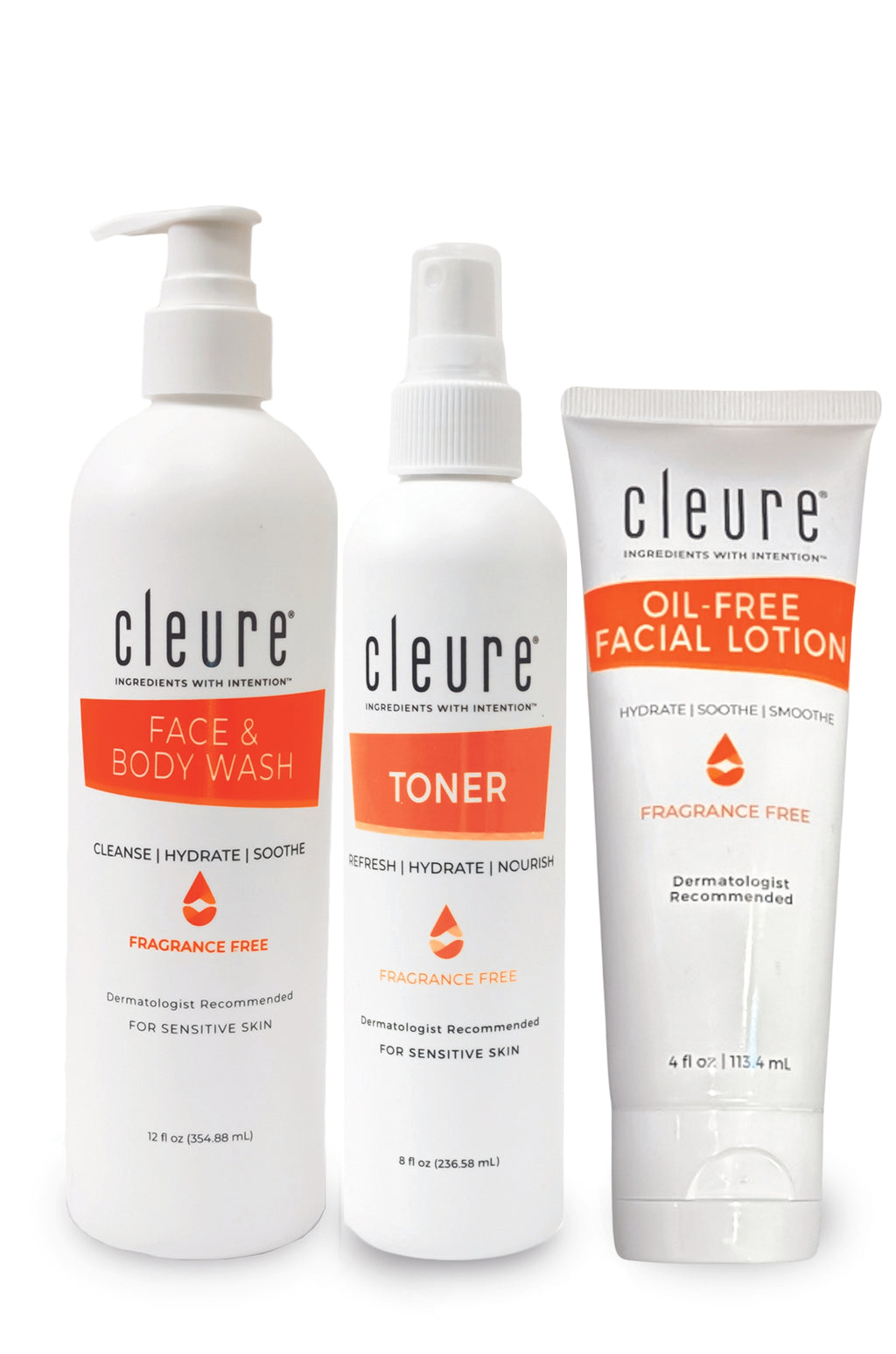 Alcohol-free Facial Lotion, Body Wash and Toner  Cleure